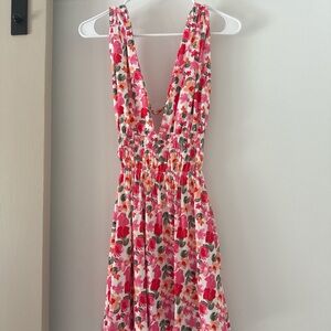 Floral V-Neck Mini Dress - Pink and Red